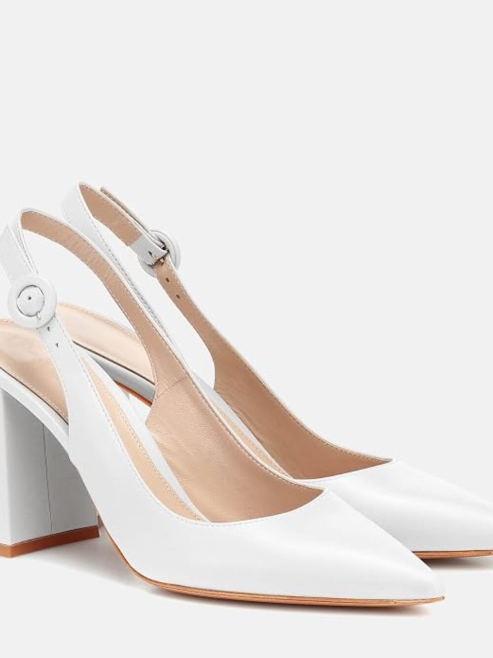 Women's White Faux Leather Pointed Closed Toe Chunky Heels Slingback Block Heel